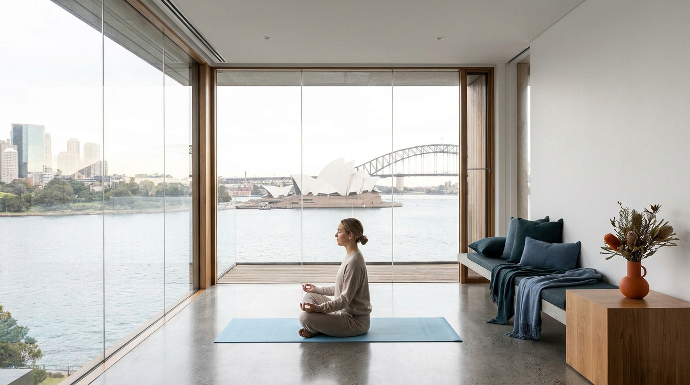 A photorealistic wide shot of a calm, modern Sydney wellness space with floor-to-ceiling windows overlooking the Opera House and harbour, soft natural light, a person practising mindful breathing. Alt: Personal wellbeing and emotional support resources for safe escort experiences in Sydney.