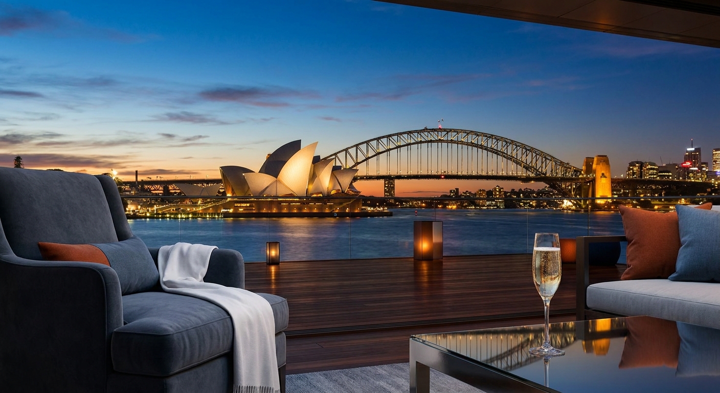 A photorealistic evening view of Sydney Harbour with the Opera House and Harbour Bridge lit in warm gold, viewed from an upscale waterfront terrace with a single glass of champagne on a polished table. Alt: high-class escort service Sydney harbour luxury setting.