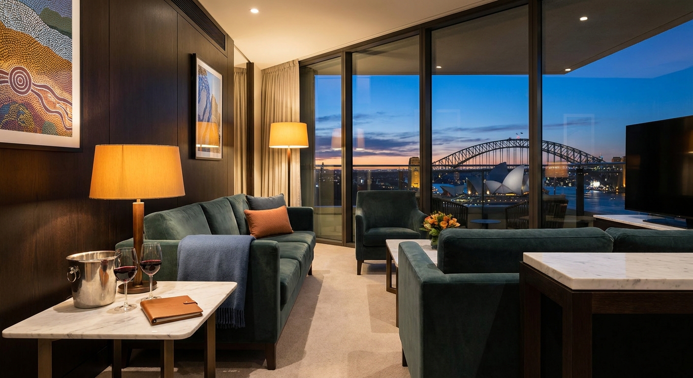 A photorealistic luxury Sydney hotel suite at dusk with floor-to-ceiling windows framing the Sydney Harbour Bridge, soft warm lighting, two glasses of wine on a marble side table. Alt: Sydney escort service hotel outcall luxury suite harbour view.