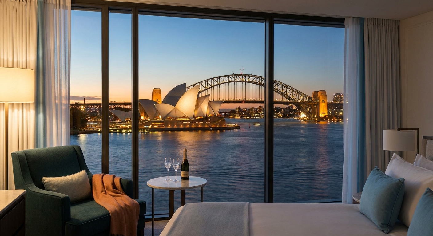 A photorealistic image of Sydney Harbour at dusk, viewed from a luxury hotel room window, with the Opera House and Harbour Bridge illuminated on the water, warm interior lighting in the foreground. Alt: Sydney Harbour luxury view from hotel room representing Boardroom Escorts Sydney companionship services.