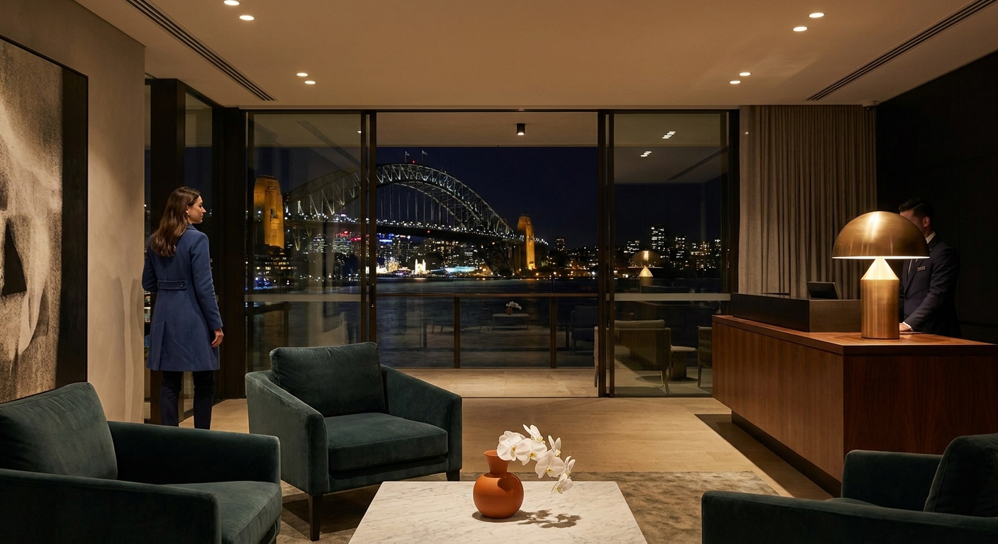 A photorealistic scene of a discreet luxury hotel lobby in Sydney at night, soft warm lighting, a well-dressed woman waiting near an elegant reception area, Sydney Harbour Bridge visible through large glass windows. Alt: Discreet luxury hotel lobby in Sydney representing private escort companionship services.