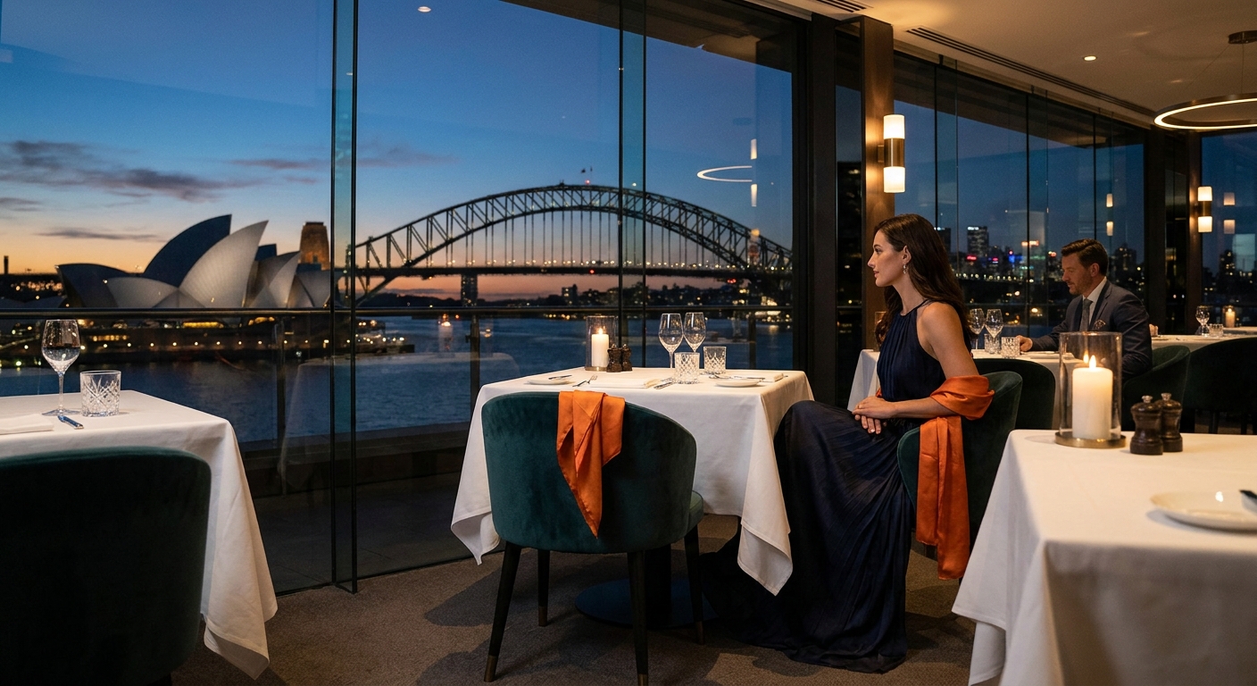 A photorealistic editorial scene of a glamorous woman in an elegant evening dress at a sophisticated Sydney waterfront restaurant, harbour bridge visible through floor-to-ceiling windows, soft ambient lighting, luxury setting. Alt: high-class escort companionship Sydney harbour dinner experience.