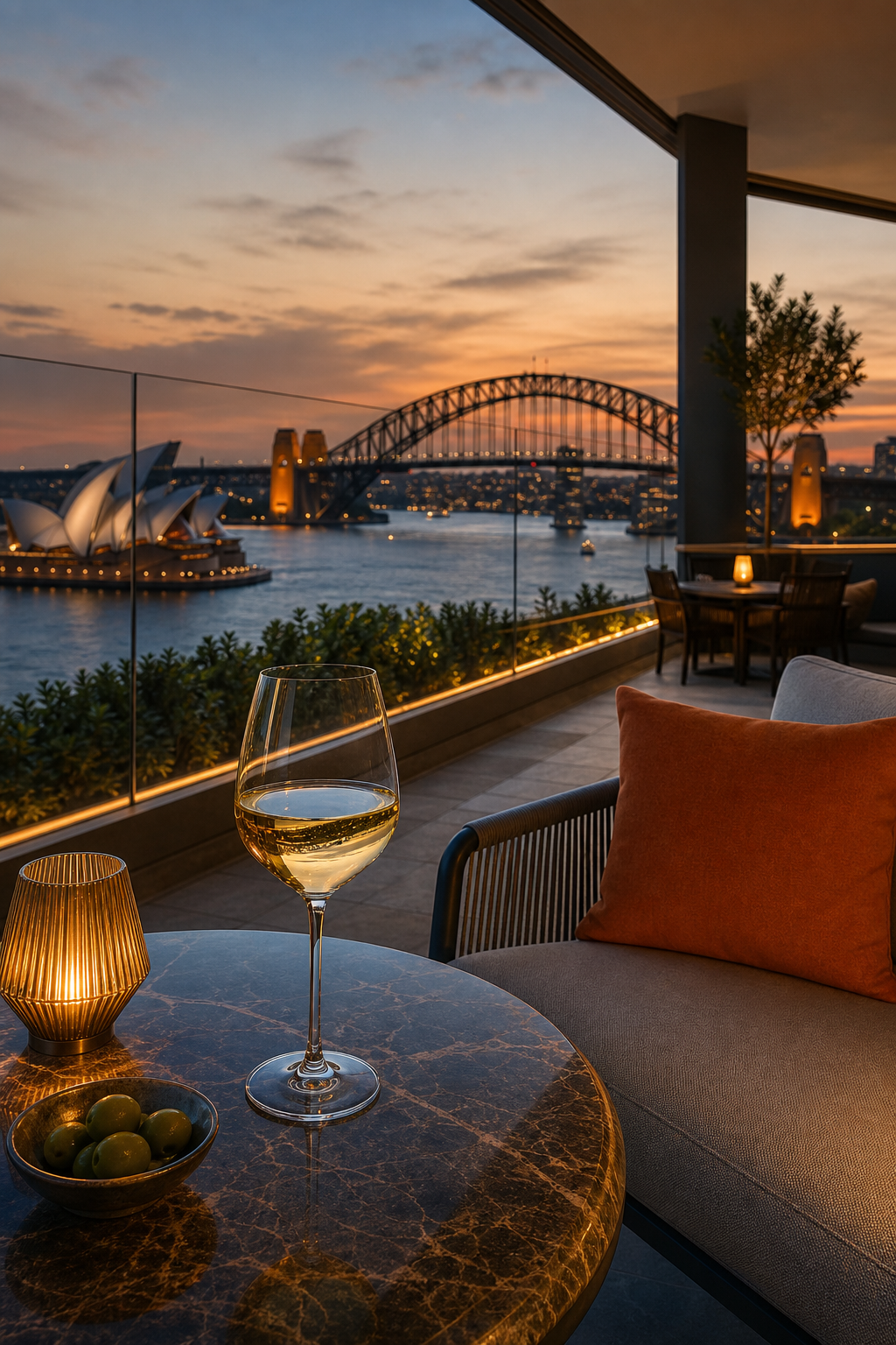 A photorealistic image of Sydney Harbour at dusk, viewed from a luxury hotel terrace with a glass of wine in the foreground, warm ambient lighting, harbour bridge silhouette in the background. Alt: Sydney Harbour at dusk from a luxury hotel terrace, symbolising premium escort Sydney companionship.