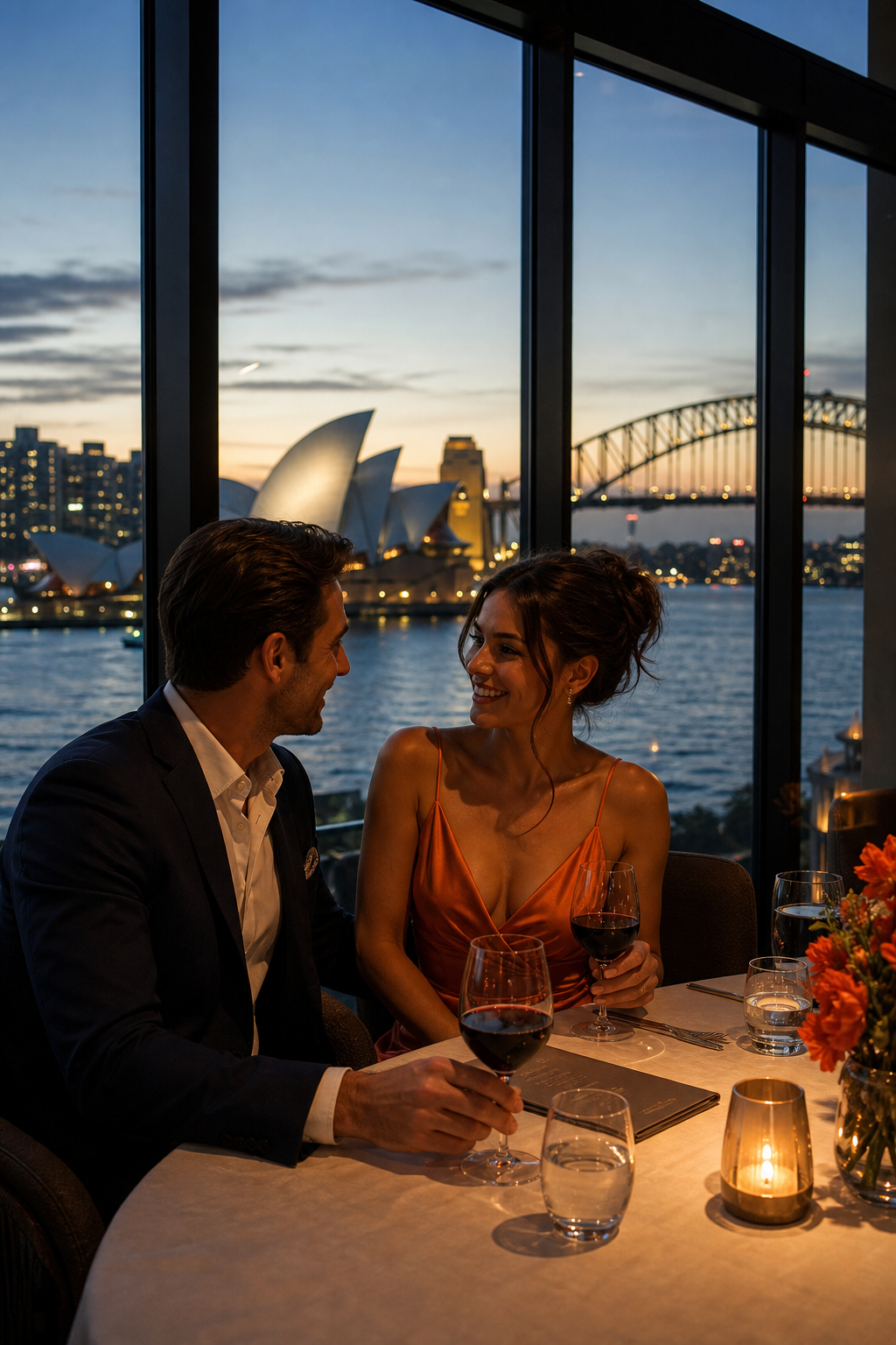 A photorealistic scene of a well-dressed couple at an upscale Sydney restaurant with floor-to-ceiling harbour views, candlelit table, evening attire, tasteful and elegant atmosphere. Alt: Elegant dinner date experience offered by a Sydney escort agency, showcasing high-class companionship.