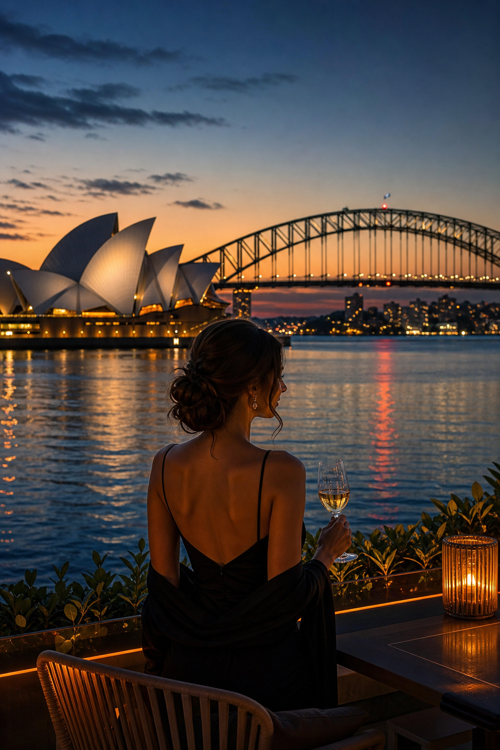 A sophisticated Sydney harbour-view scene at twilight, showing the Opera House and Harbour Bridge reflected in calm water, with warm ambient lighting suggesting elegance and exclusivity. Shot in cinematic realism with deep colours and soft highlights. Alt: Sydney Harbour at dusk representing luxury escort companionship in Sydney