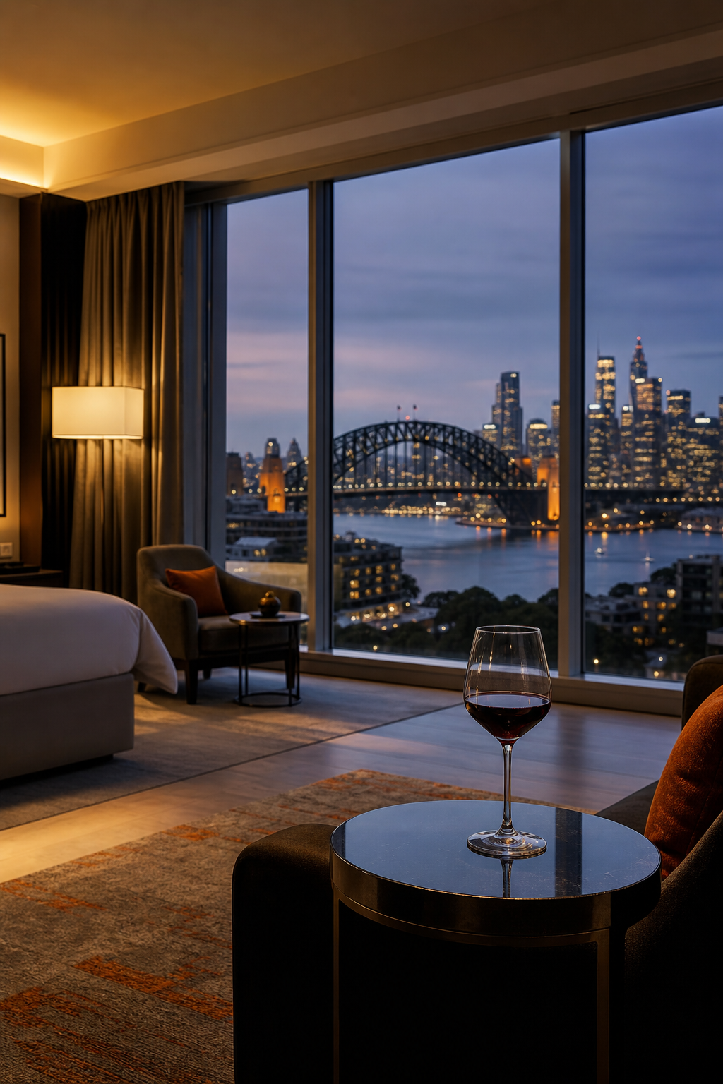 A polished hotel lobby or luxury suite interior in Sydney with warm lighting, a city skyline visible through floor-to-ceiling windows, and a single elegant glass of wine on a side table suggesting a discreet, private meeting. Cinematic realism style with deep amber tones. Alt: Luxury Sydney hotel suite representing discreet escort companionship booking in Sydney