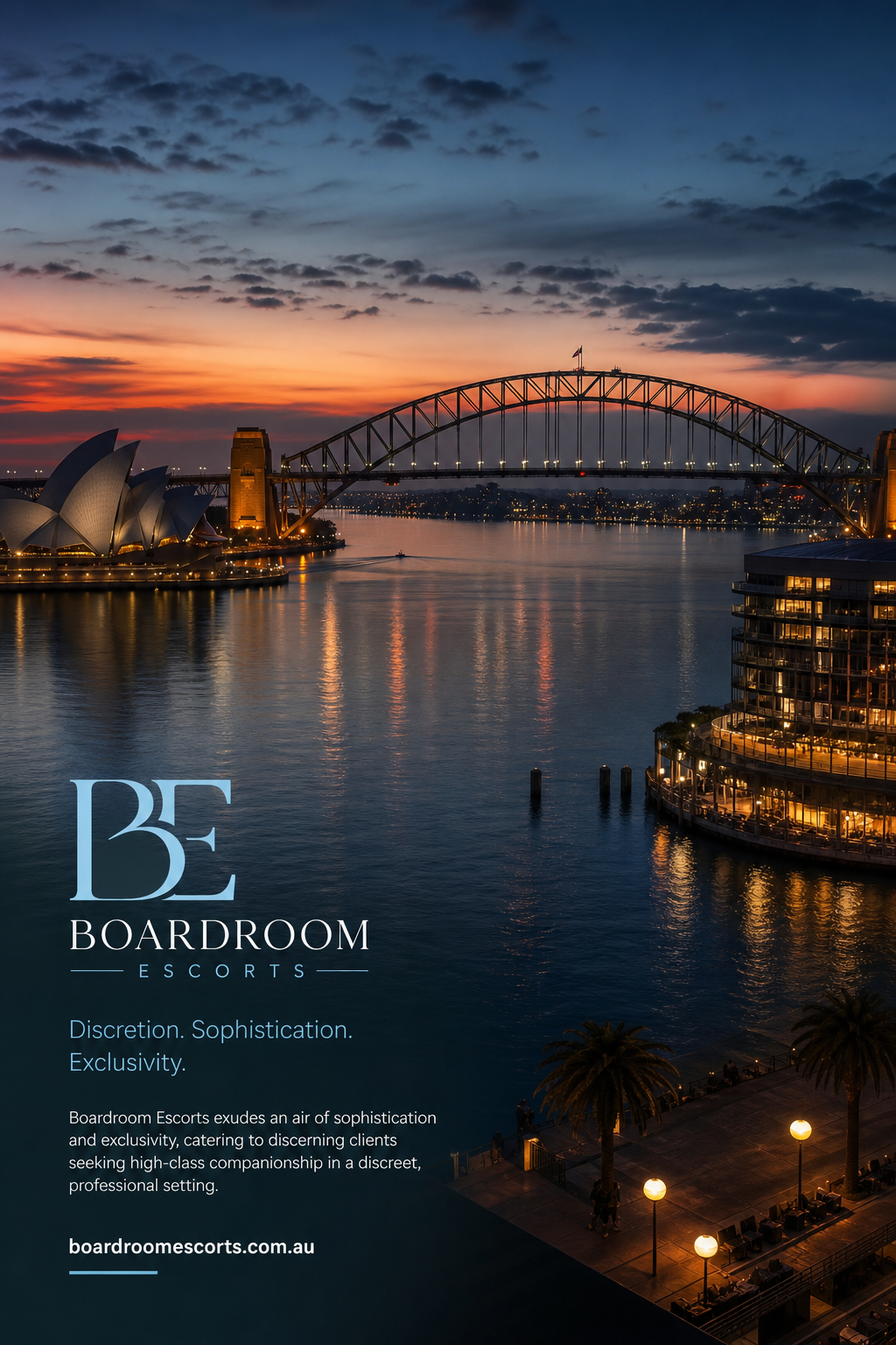 A photorealistic, high-angle shot of Sydney Harbour at dusk, with the Opera House and Harbour Bridge in the background, evoking a sense of luxury and romance. The scene is calm and upscale, with soft lighting reflecting on the water. Alt: Luxury Sydney escort scene with harbour views.