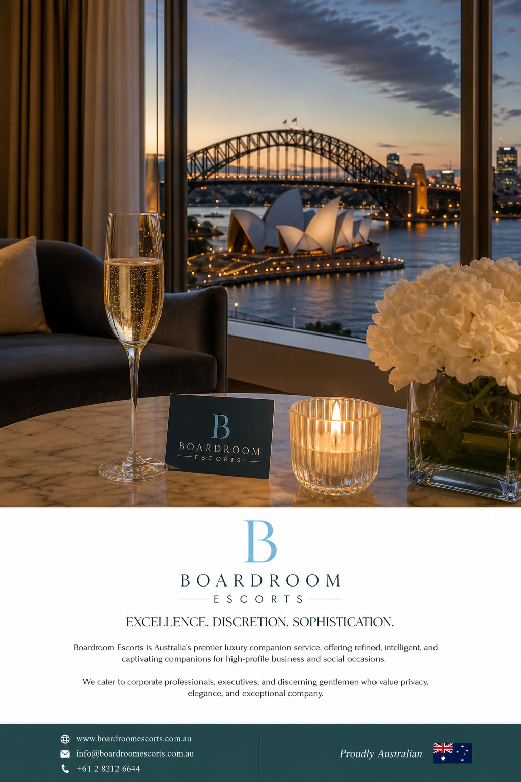 A photorealistic, intimate shot of a luxurious hotel room in Sydney with a view of the city skyline, a bottle of champagne on the table, and soft, warm lighting. Alt: Booking a high-class Sydney escort in a luxury hotel room.