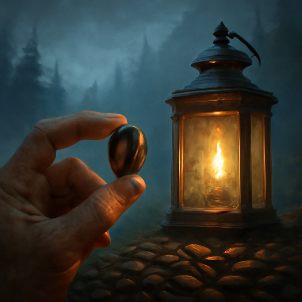 A hand holding a dark roast coffee bean beside a lit lantern, set against a misty forest backdrop. Alt: dark roast espresso beans in a fantasy setting
