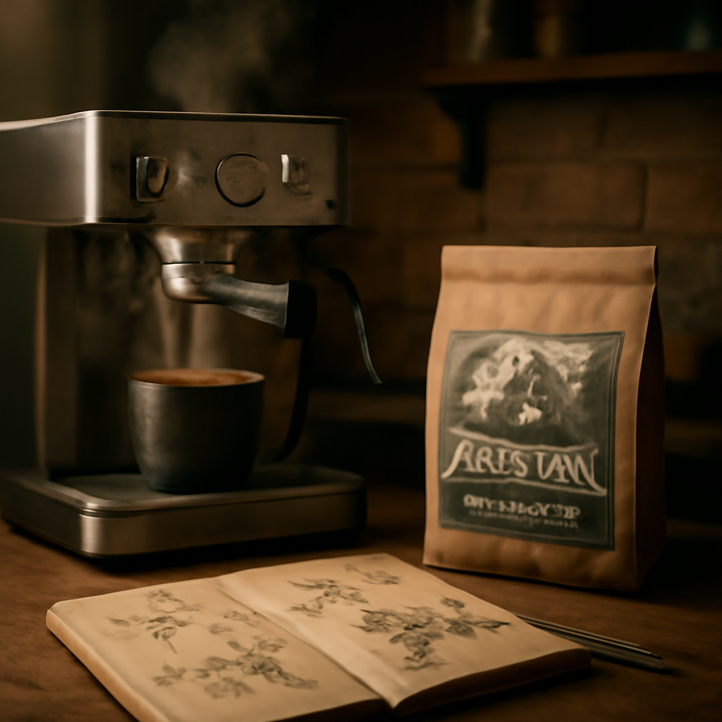 A cozy kitchen with a steaming espresso machine, a bag of Frostveil medium‑dark beans, and a parchment notebook with fantasy doodles. Alt: Sourcing espresso beans from Frostveil for creative inspiration.