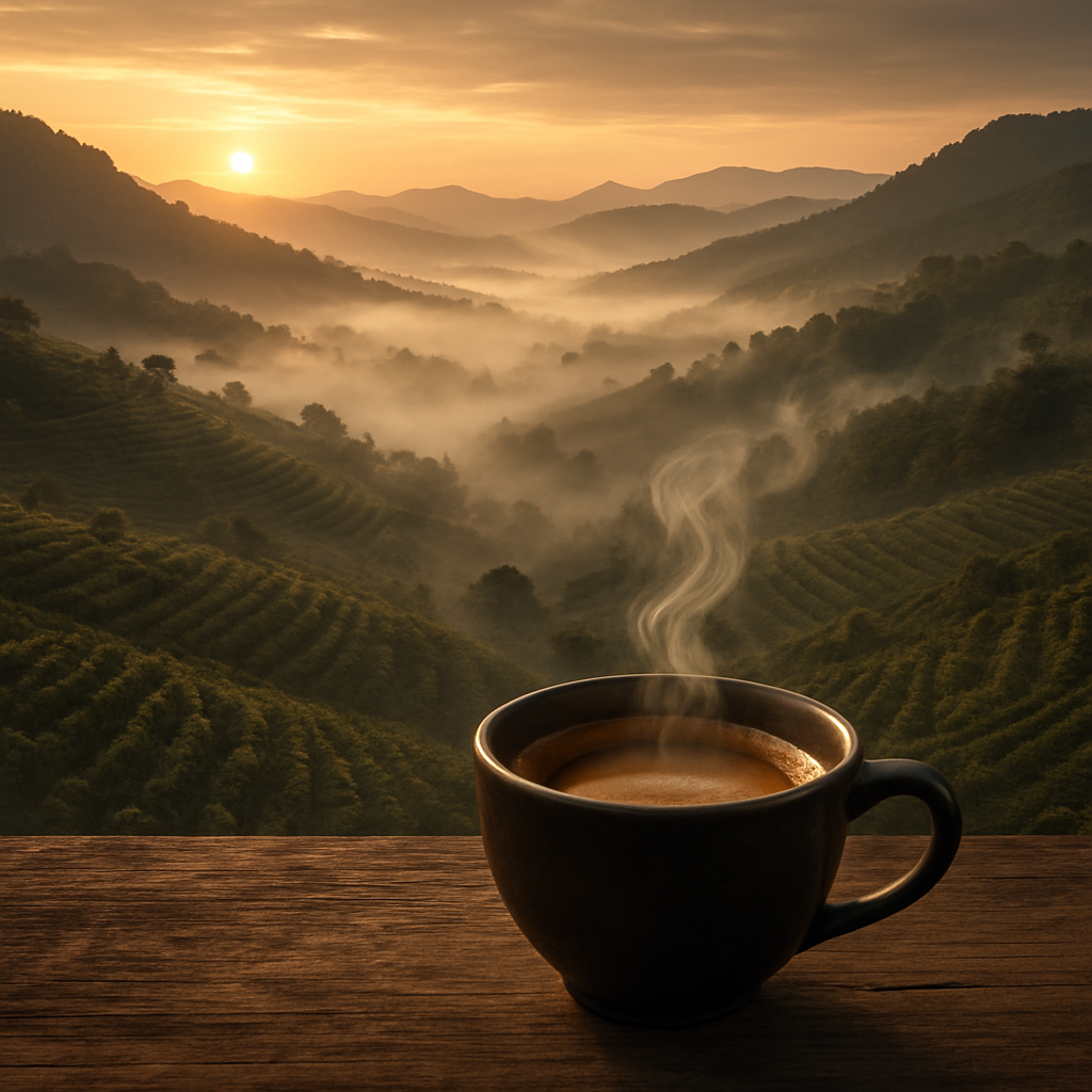 A misty valley with high‑altitude coffee farms under dawn light, a steaming cup of espresso in foreground. Alt: misty coffee valley sunrise espresso