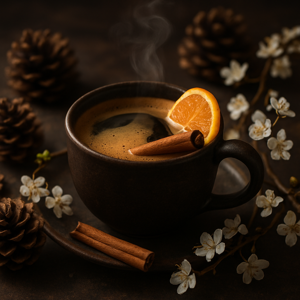 A steaming mug of espresso surrounded by winter pinecones and spring blossoms. Alt: Warm espresso cup with cinnamon and citrus garnish for seasonal sips.