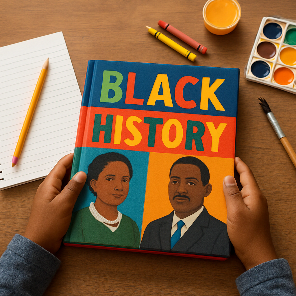 A child’s hands holding a colorful book about black history, surrounded by art supplies and a notebook, capturing a moment of focused learning. Alt: child exploring books about black history