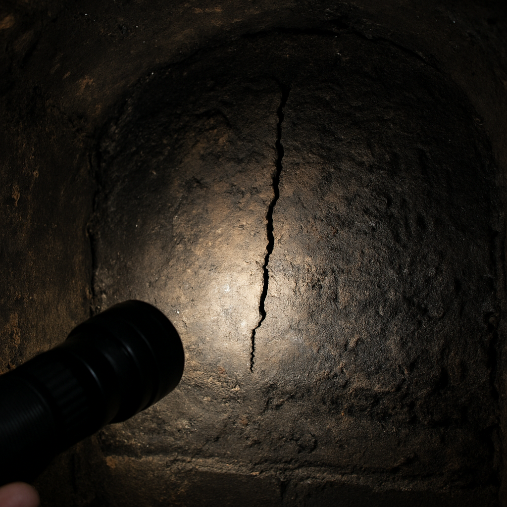 A close-up of a chimney flue showing a crack and soot buildup, with a flashlight in the foreground. Alt: Chimney inspection showing cracks and soot.
