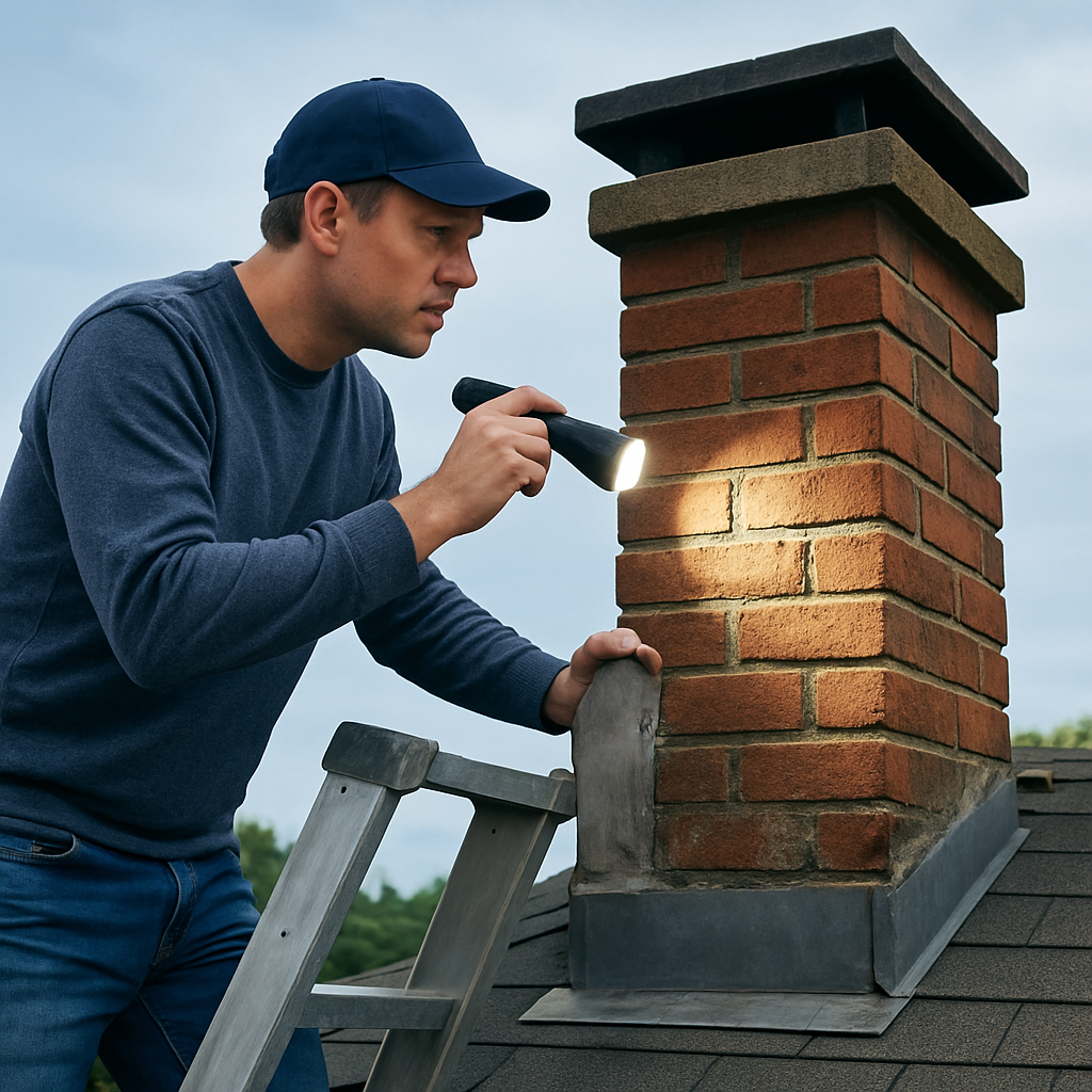 A homeowner standing on a sturdy ladder, holding a flashlight and inspecting a chimney from the top. The chimney is partially visible from the side, showing brickwork and a flashing cap. Alt: Homeowner inspecting chimney with flashlight