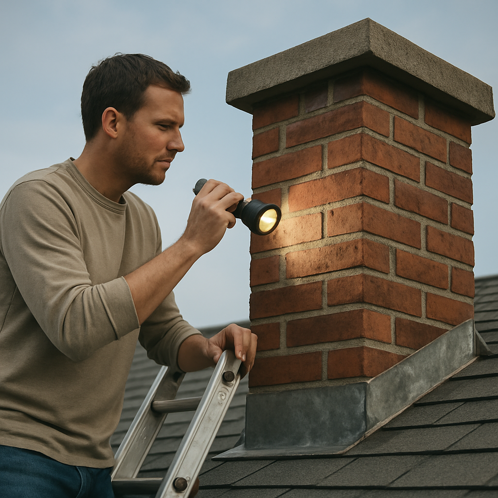 A homeowner standing on a sturdy ladder, holding a flashlight and inspecting a chimney from the top. The chimney is partially visible from the side, showing brickwork and a flashing cap. Alt: Homeowner inspecting chimney with flashlight