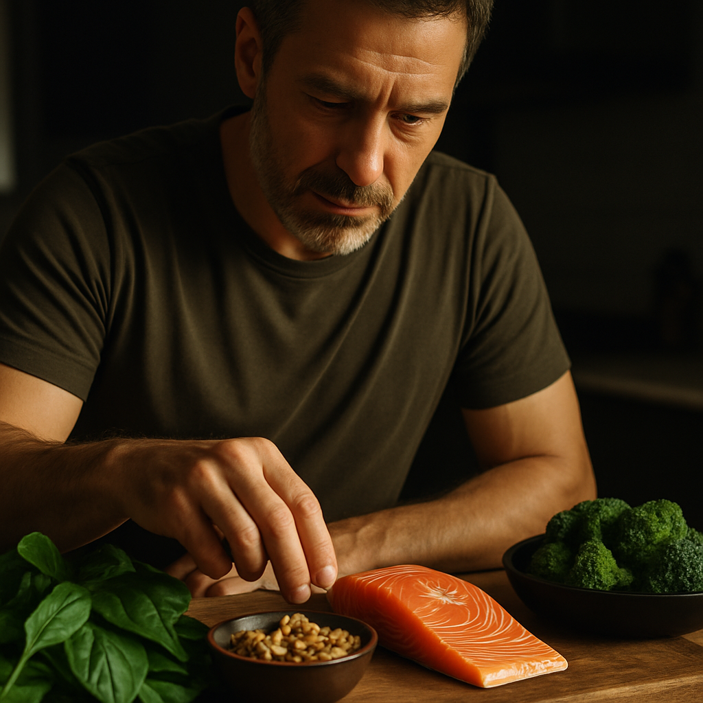A close-up of a middle-aged man preparing a nutrient-rich meal including leafy greens, salmon, and nuts. Alt: Nutritional foods for men over 40 focusing on vitamin D, magnesium, omega-3s, and zinc.