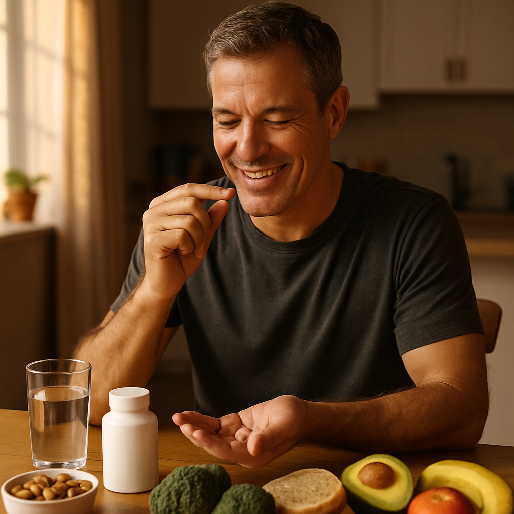A middle-aged man smiling while taking daily supplements at his kitchen table, surrounded by natural foods and sunlight. Alt: Daily supplements for men over 40 supporting energy and mental clarity.