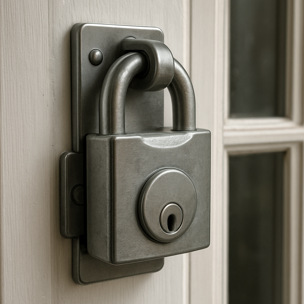 Close‑up of a reinforced padlock installed on a French door frame, showing a shrouded shackle, anti‑drill plate, and latch guard. Alt: Reinforced padlock solution for French door security locks
