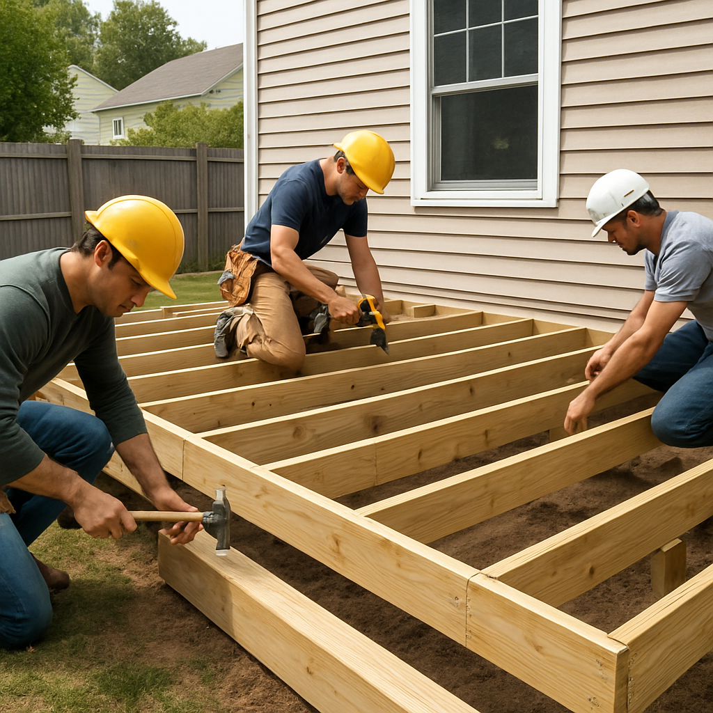 A construction crew installing deck joists on a residential backyard, showing workers with tools and a partially built deck. Alt: deck installation process illustration