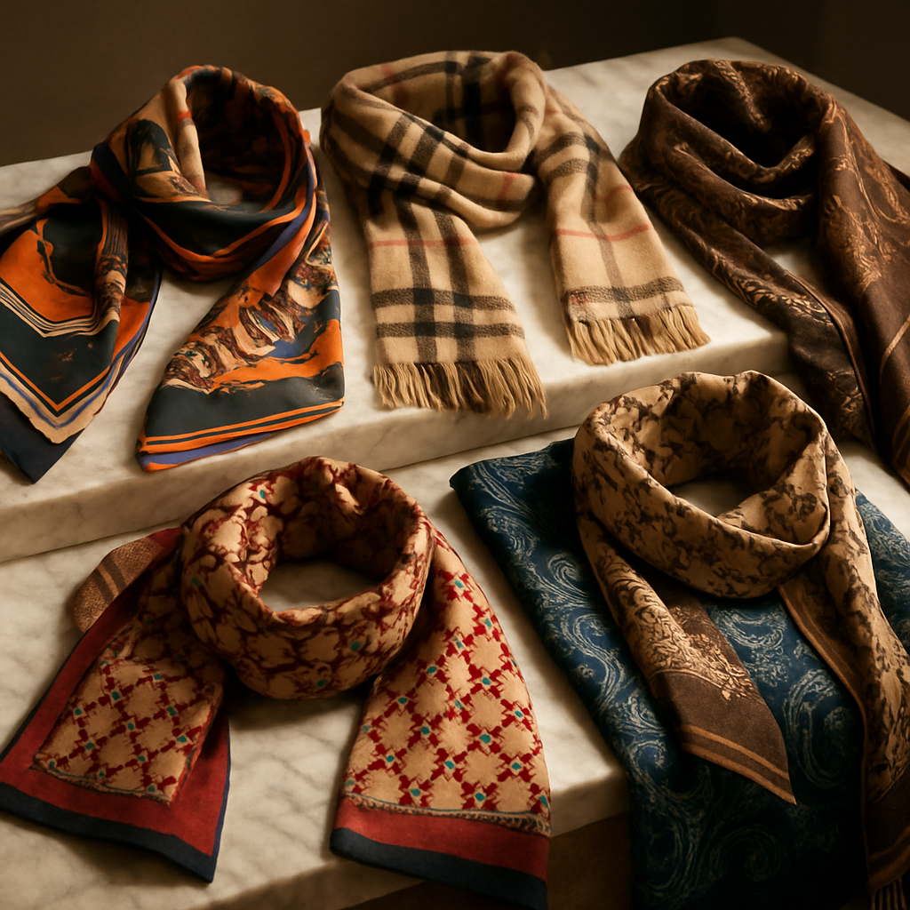 A luxurious collage of designer scarves draped over a marble table, showcasing vibrant patterns and textures. Alt: designer scarves for women comparison