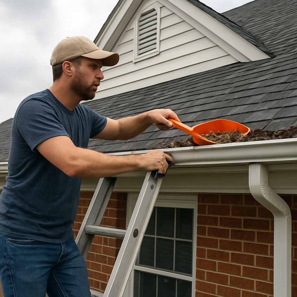 A homeowner on a ladder using a plastic scoop to clean a gutter on a Chesapeake home. Alt: gutter cleaning Chesapeake VA step by step.
