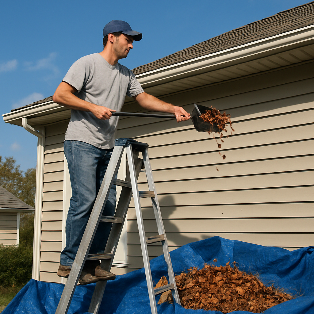 A homeowner standing on a ladder, holding a hand scoop, with a bright blue sky and a tarp spread out catching leaves and debris. Alt: gutter cleaning Virginia Beach homeowner assessing gutters and gathering supplies.