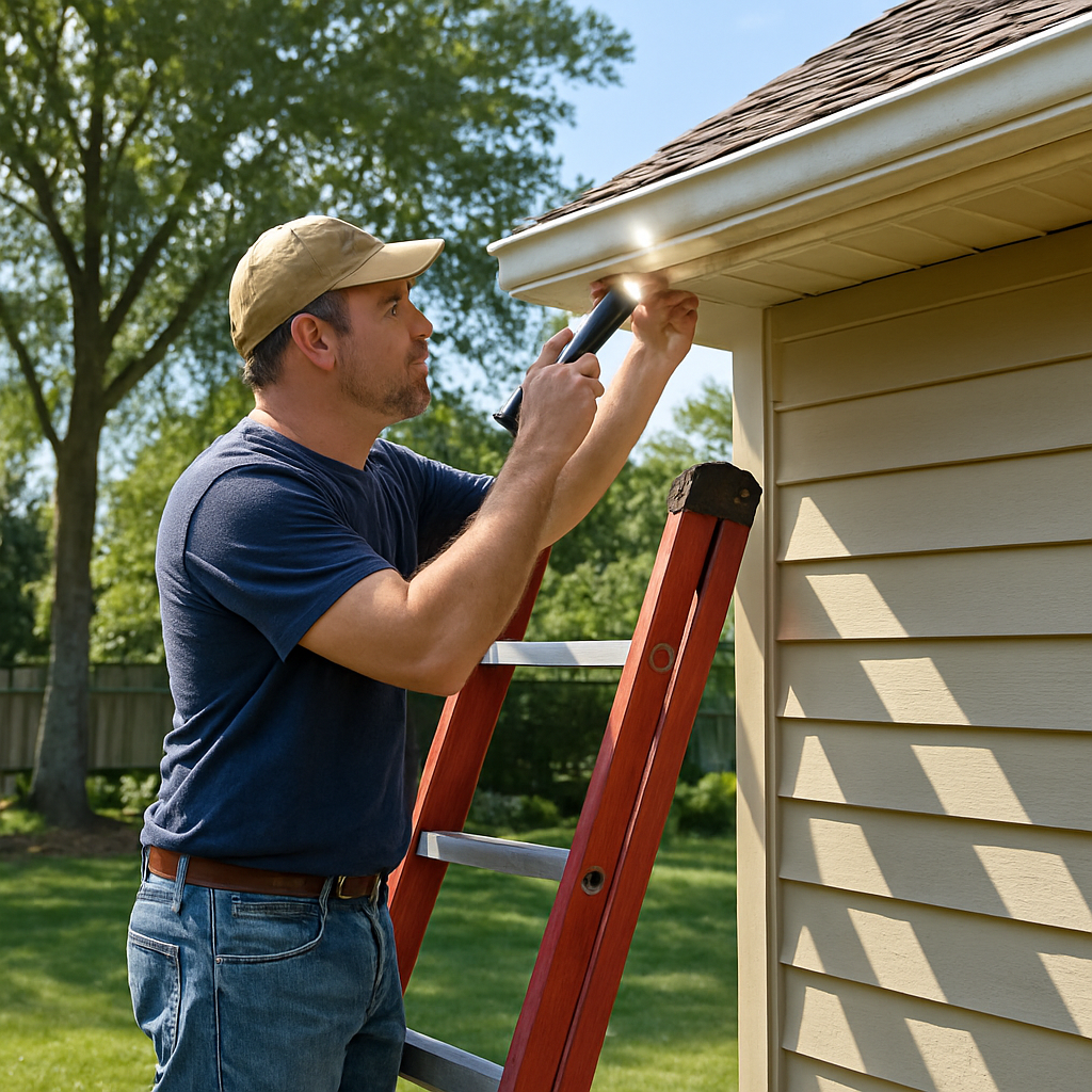 A homeowner standing on a ladder, checking a gutter with a flashlight, sunny Virginia Beach backyard. Alt: gutter cleaning virginia beach maintenance check.