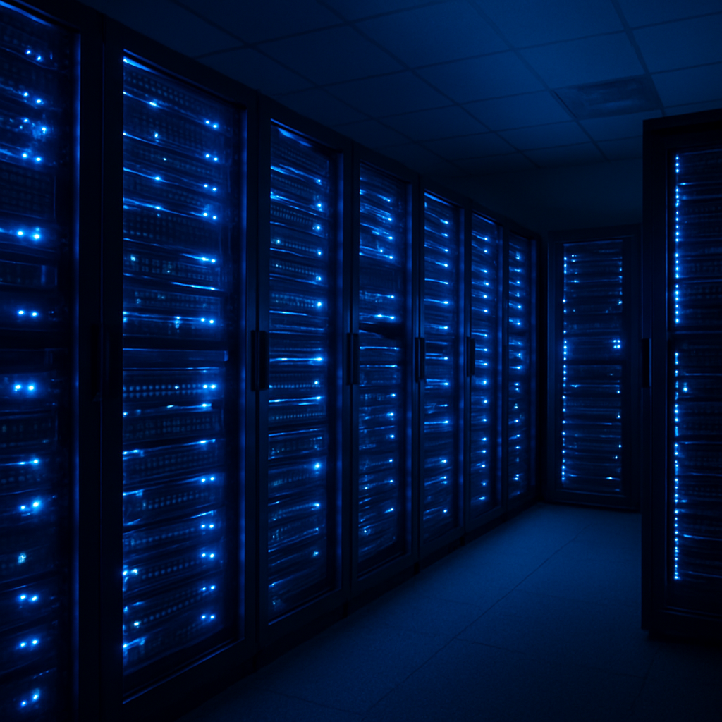 A law office’s server room at night, with racks of servers glowing under blue LEDs. Alt: Law firm IT infrastructure review