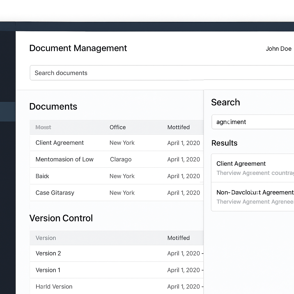A cloud‑based document management dashboard showing search and version control. Alt: Digital document management interface for law firm.