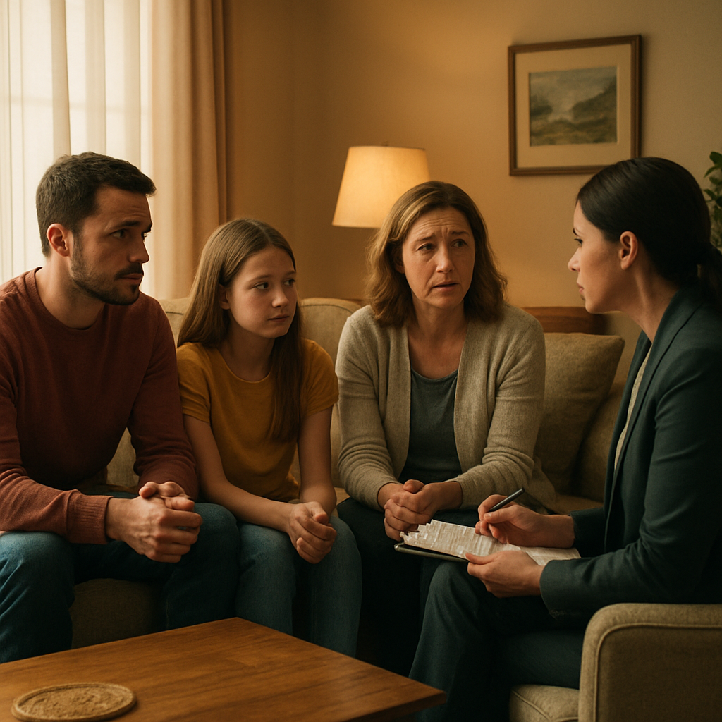 A warm living room scene where a family sits together, a gentle therapist sits across, holding a clipboard. Alt: Substance abuse intervention specialist guiding a family conversation in a comfortable home setting.