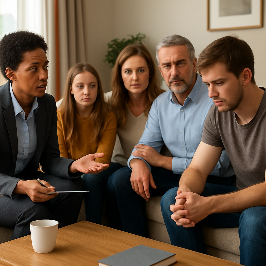 A calm living room with a supportive family and a professional intervention specialist sitting around a coffee table, offering guidance. Alt: substance abuse intervention specialist facilitating a family intervention session