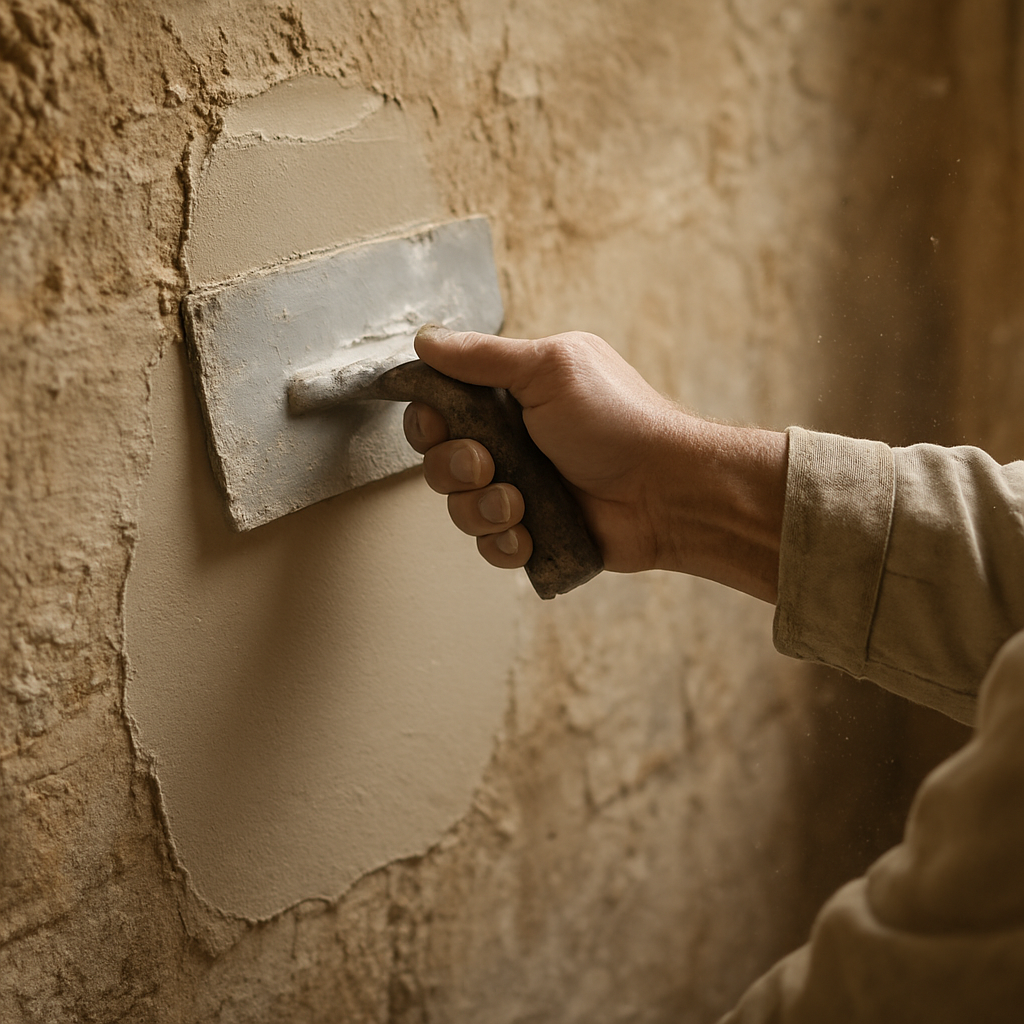 A skilled craftsman applying a smooth coat of plaster to a historic wall, showing trowel in hand and dust particles floating, Alt: plaster application technique for smooth finish.