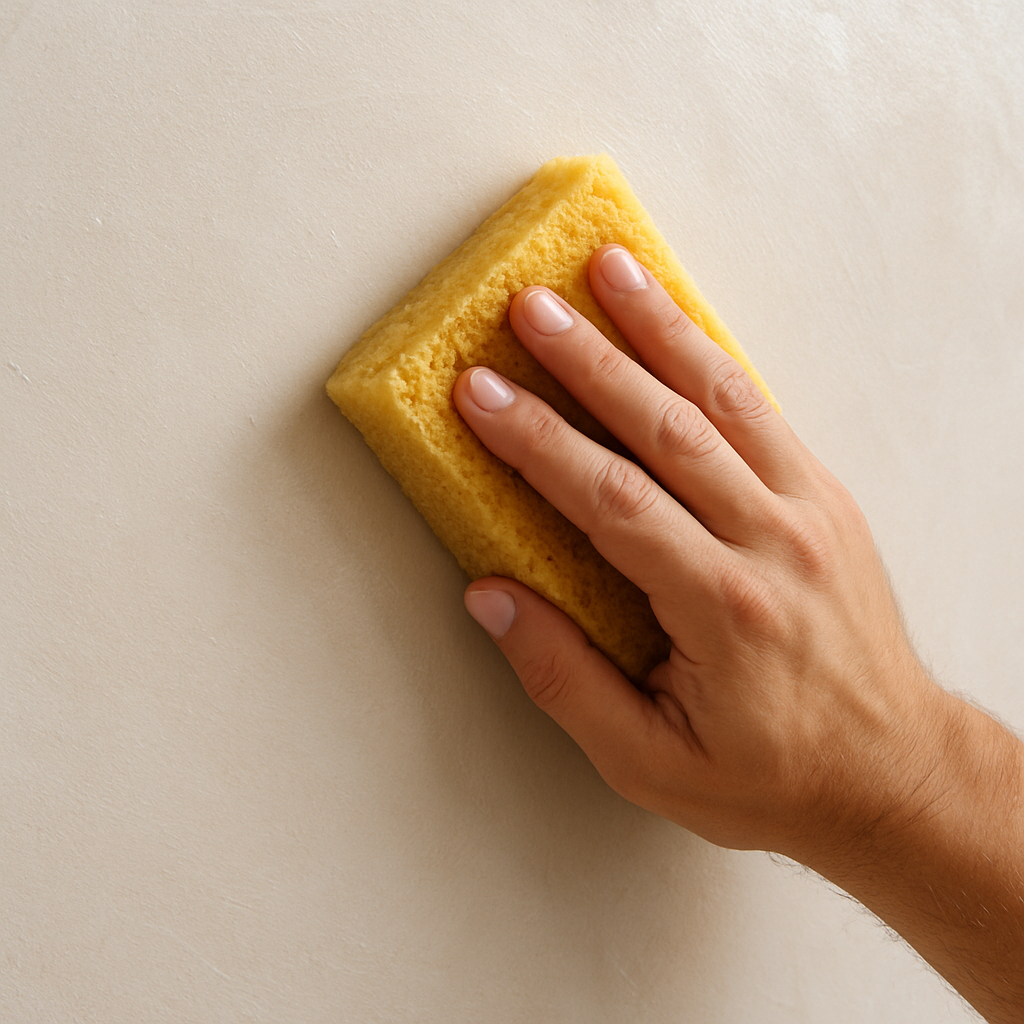 A close‑up of a hand gently wiping a freshly finished plaster wall with a damp sponge, showing smooth texture and subtle sheen. Alt: Cleaning fresh plaster surface with a sponge for maintenance.