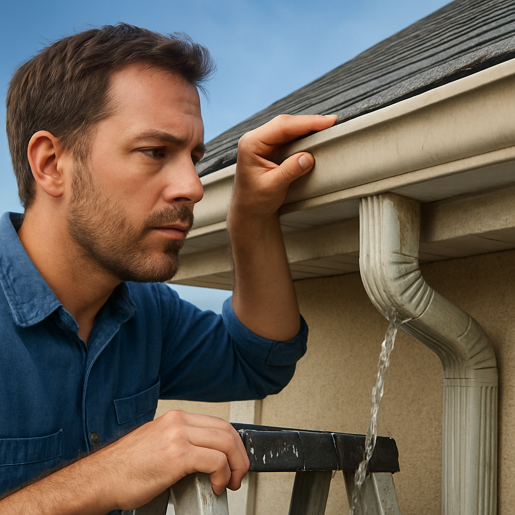 A close‑up view of a homeowner inspecting a residential gutter from a ladder, showing water flowing into a downspout and a clear sky in the background. Alt: Homeowner performing gutter inspection for damage