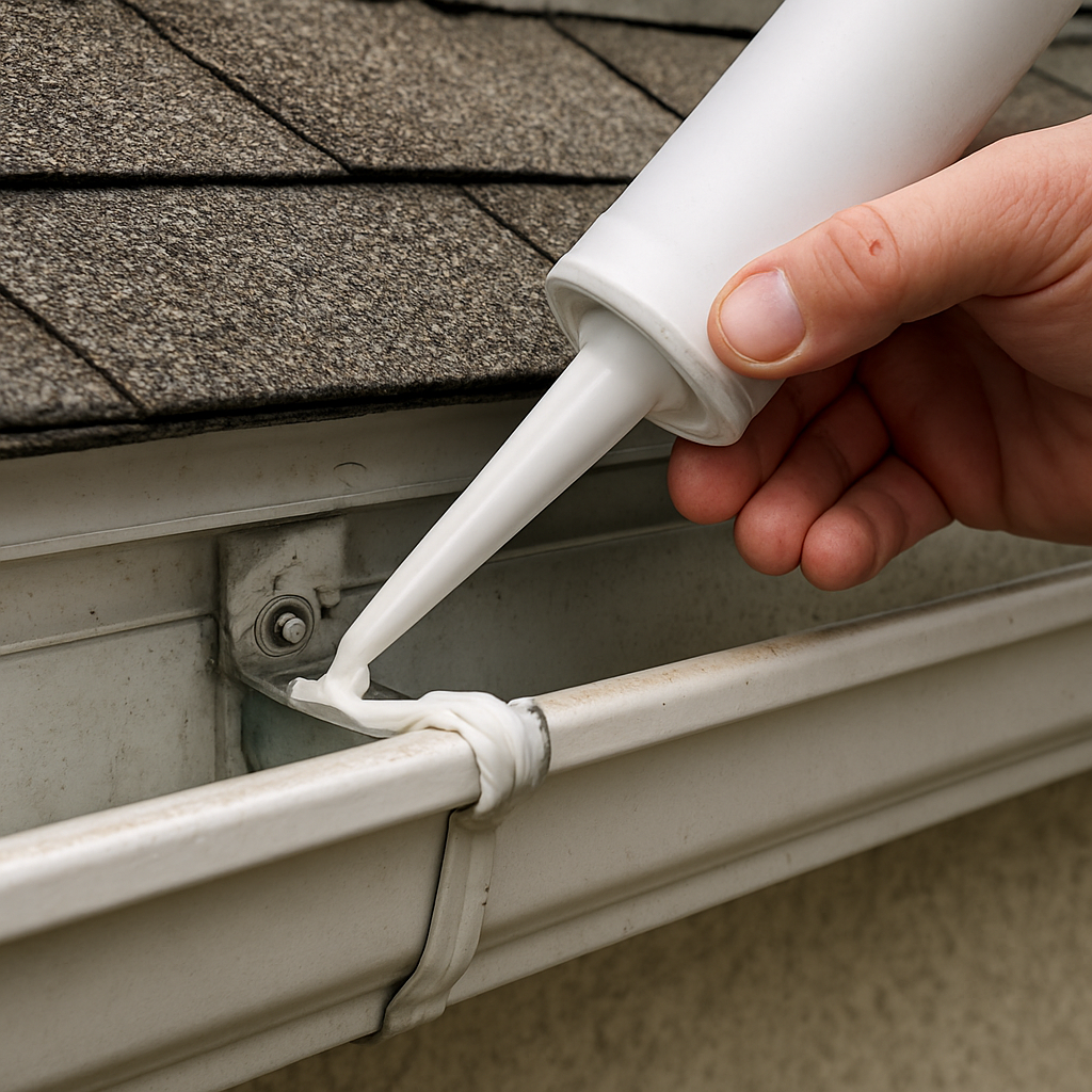 A close‑up of a homeowner applying sealant to a gutter joint on a residential home, showing the sealant bead and a sturdy metal bracket. Alt: Gutter repairs seal joint with polyurethane sealant and re‑attached loose section.