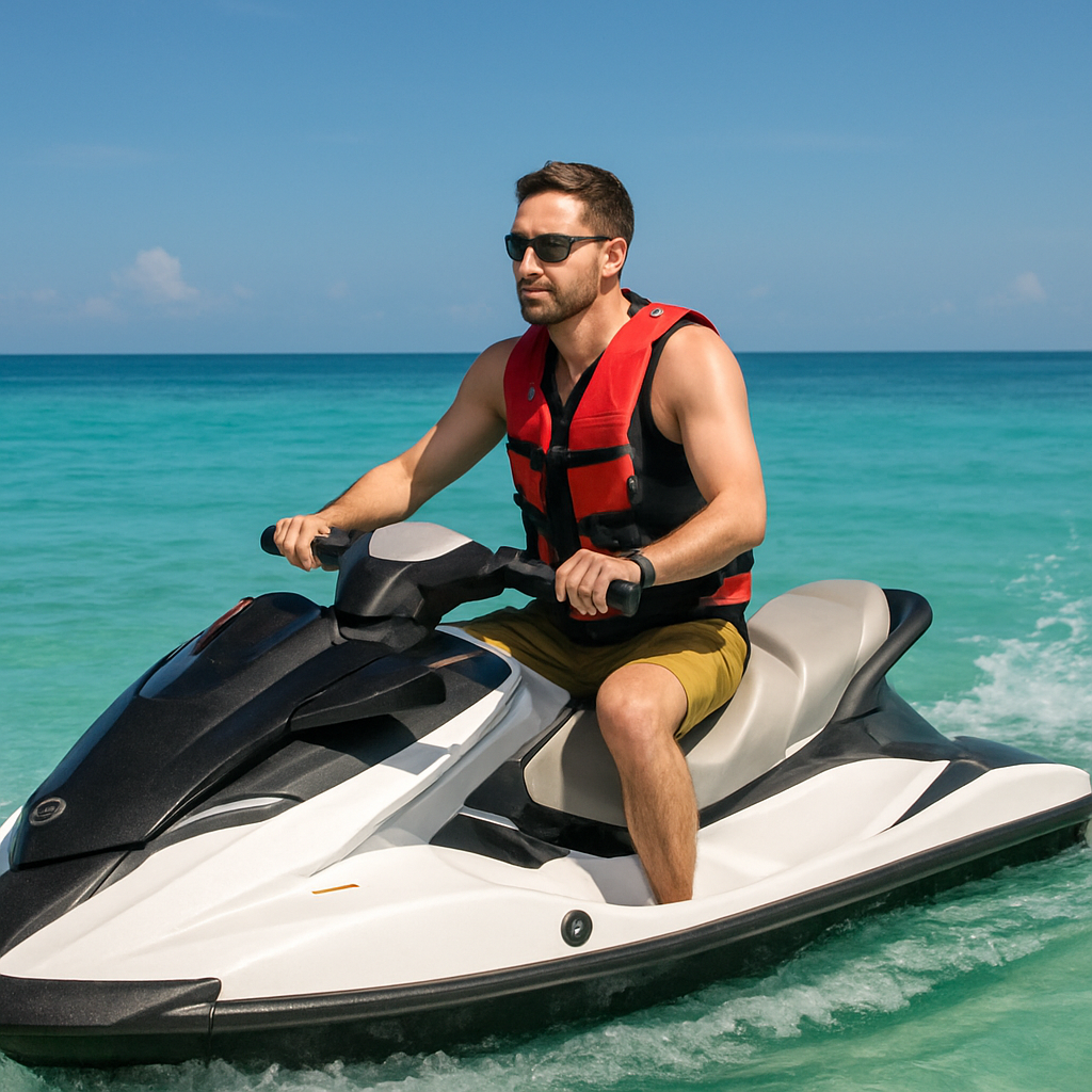 A person confidently operating a jet ski on clear turquoise waters with safety gear on. Alt: Jet ski safety tips highlighted by a rider wearing a life jacket navigating calm waters responsibly.