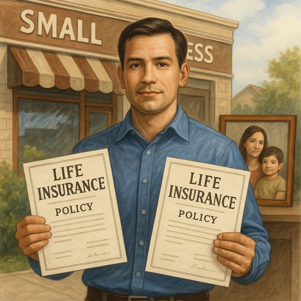Illustration showing a small business owner securing their company with life insurance policies. Alt: Life insurance for small business owners protecting business and family financially.