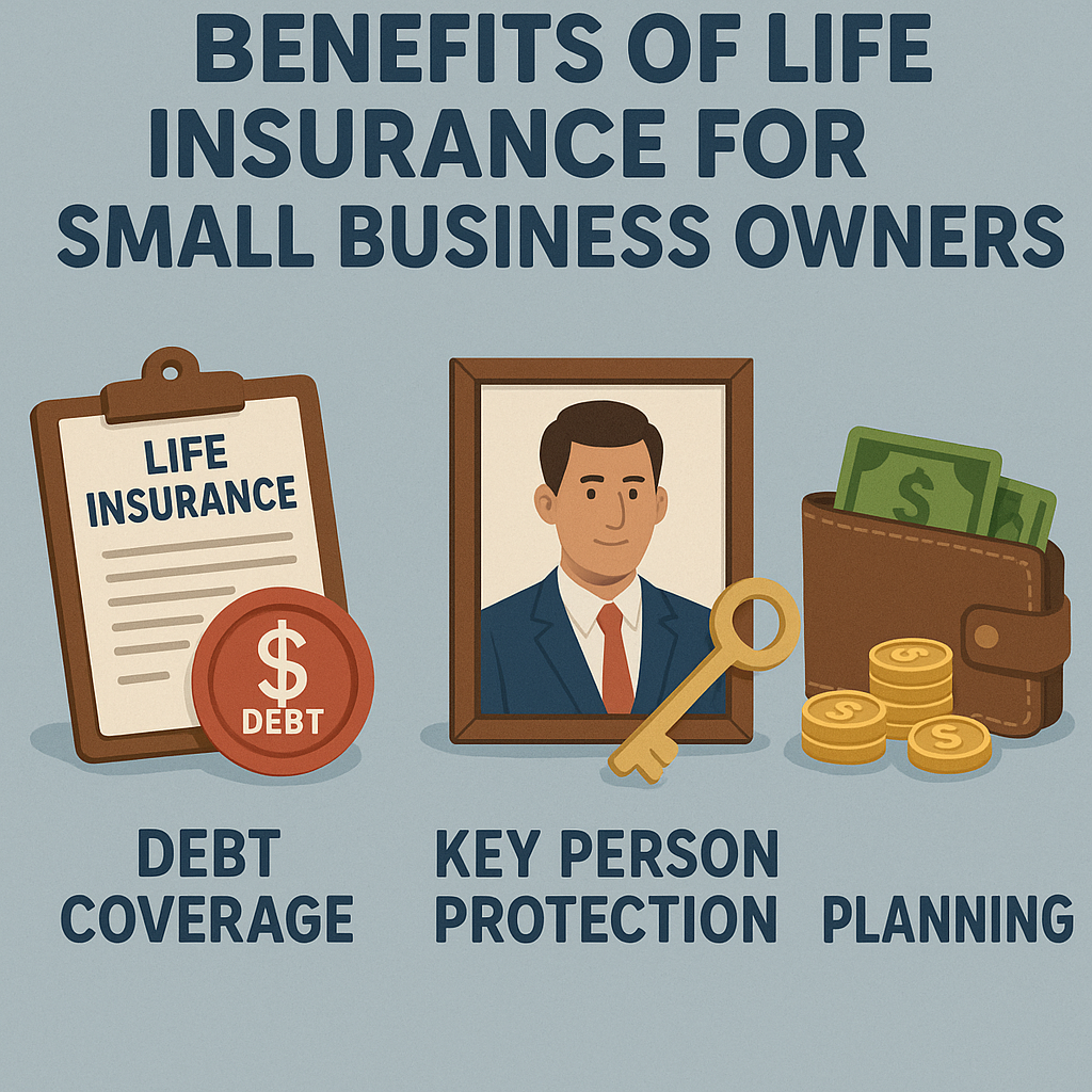 Infographic displaying the various uses of life insurance in small businesses including debt coverage, key person protection, and retirement planning. Alt: Benefits of life insurance for small business owners.