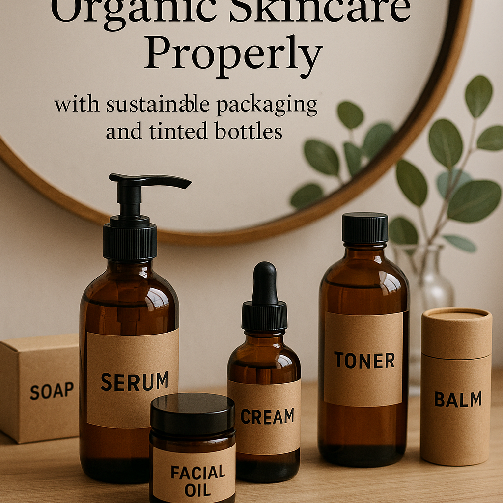 A neat vanity with organic skincare products stored in tinted glass containers and eco-friendly packaging. Alt: 