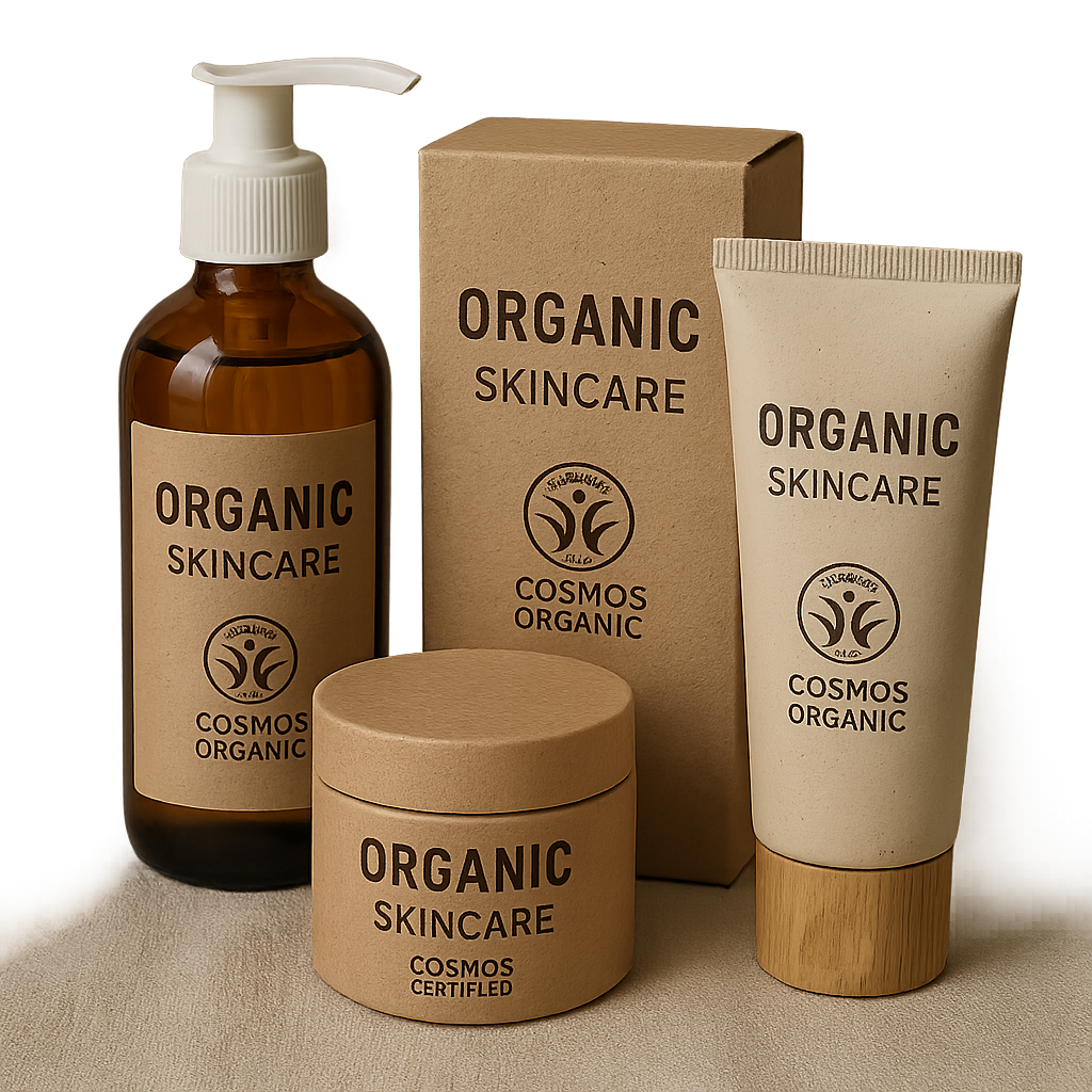 Organic skincare products with COSMOS certification logos arranged neatly in environmentally friendly packaging. Alt: 