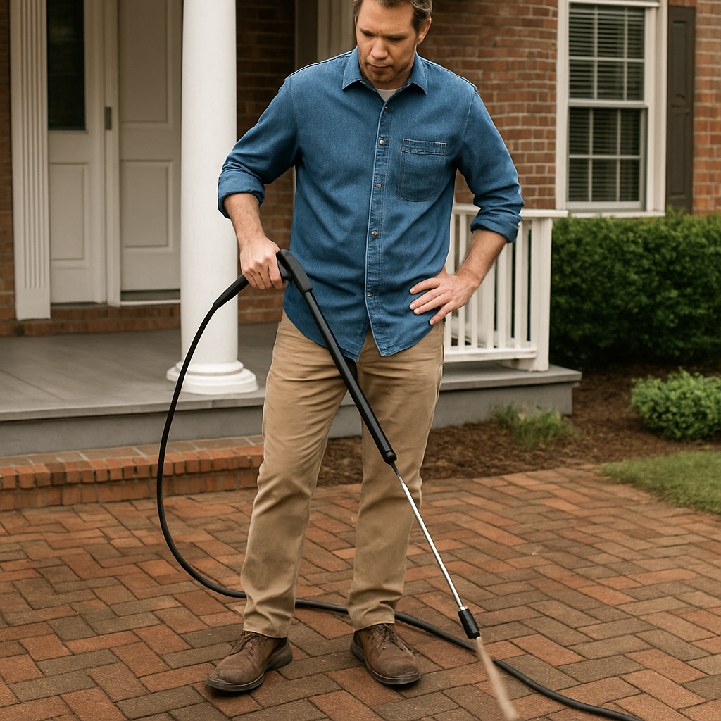 A homeowner standing on a porch, holding a pressure washer nozzle, assessing a brick driveway. Alt: Assessing surface before pressure washing for optimal results.