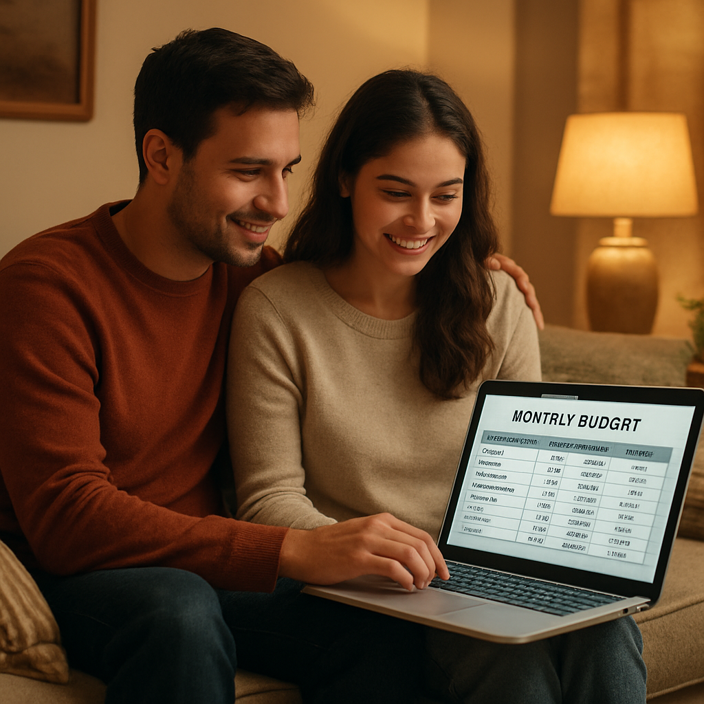 A cozy living room with a couple reviewing a budgeting spreadsheet on a laptop, surrounded by warm lighting and soft cushions. Alt: Couples budgeting together in a shared home.