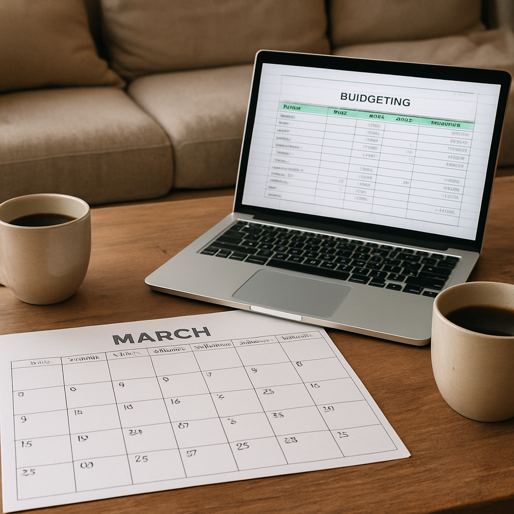 A cozy living room table with a shared calendar, a laptop open to a budgeting spreadsheet, and two mugs of coffee. Alt: couples planning future commitments and timelines together