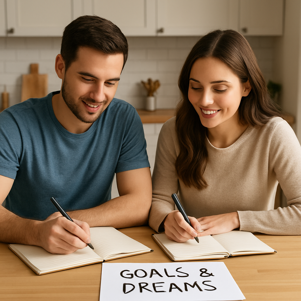 A couple sitting at a kitchen table, writing down personal goals and dreams. Alt: Identify your own future aspirations as a couple.