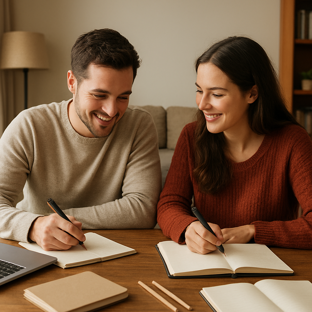A cozy living room scene where a couple sits at a table with notebooks, sketchbooks, and a laptop, planning personal projects together. Alt: Couple planning personal growth and hobbies together.