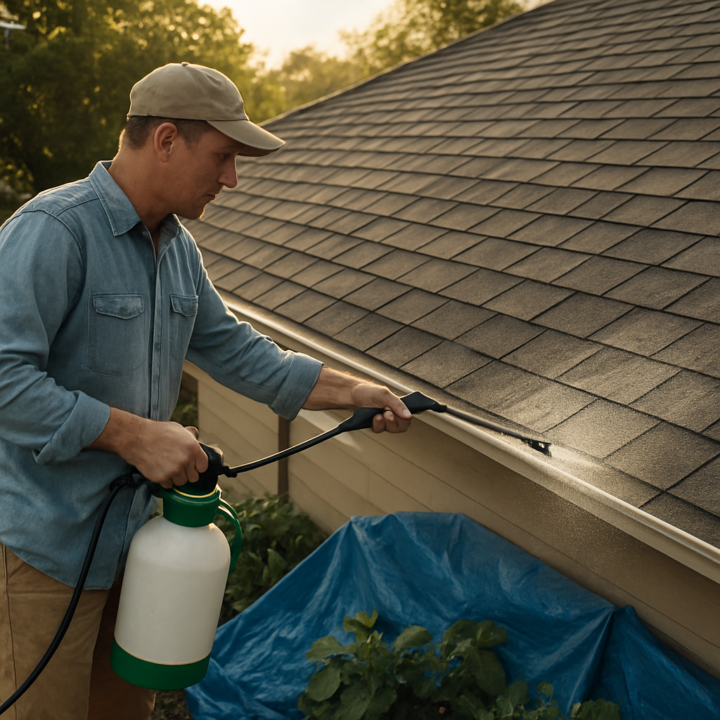 A photorealistic scene of a homeowner using a garden sprayer to apply an eco‑friendly roof cleaning solution on a residential roof, with soft sunlight, visible shingles, and protective tarps covering nearby garden plants. Alt: Roof cleaning application using eco‑friendly solution.