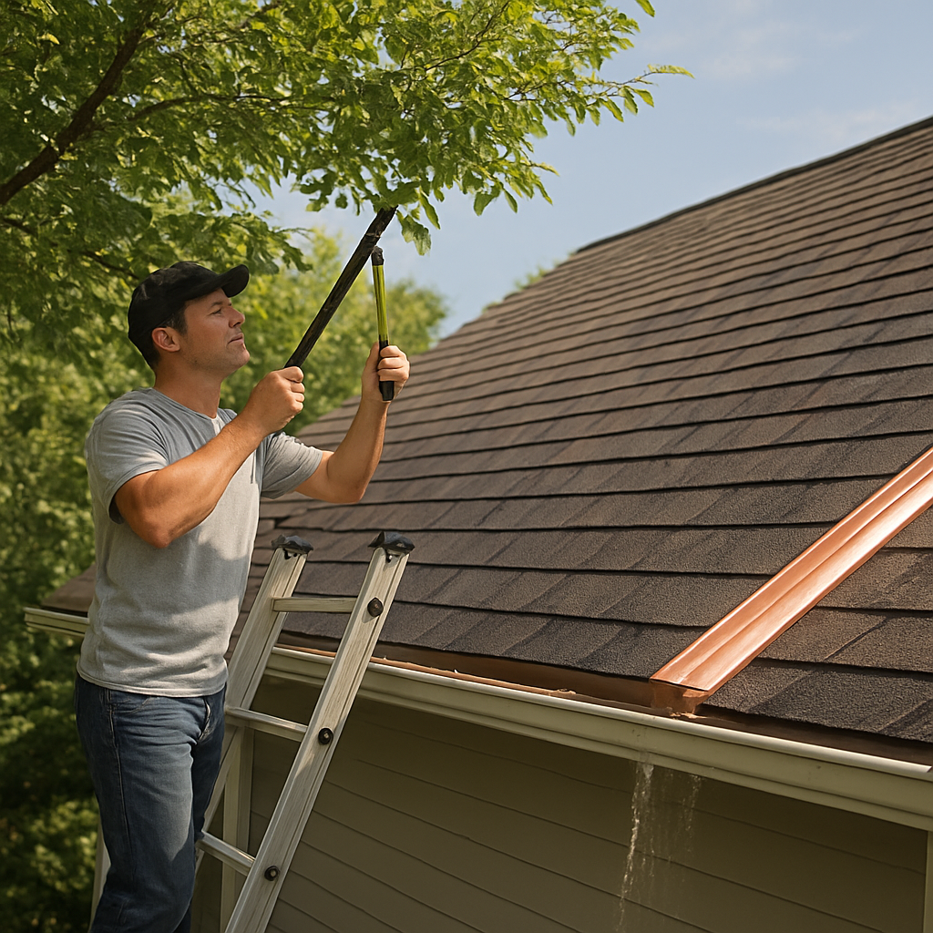 A photorealistic scene of a homeowner standing on a ladder, trimming overhanging branches while a copper ridge strip glints on a freshly cleaned roof, with sunlight highlighting clean shingles and a garden hose rinsing the gutter below. Alt: Roof cleaning prevention steps with trimming, copper strip, and gutter maintenance.