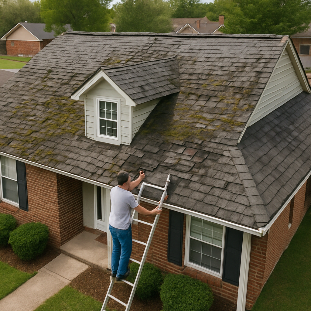 A realistic aerial view of a suburban Hampton house with a partially damaged roof, showing curled shingles, moss, and a homeowner inspecting the roof with a ladder. Alt: Assessing roof damage in Hampton VA – homeowner checking roof condition.