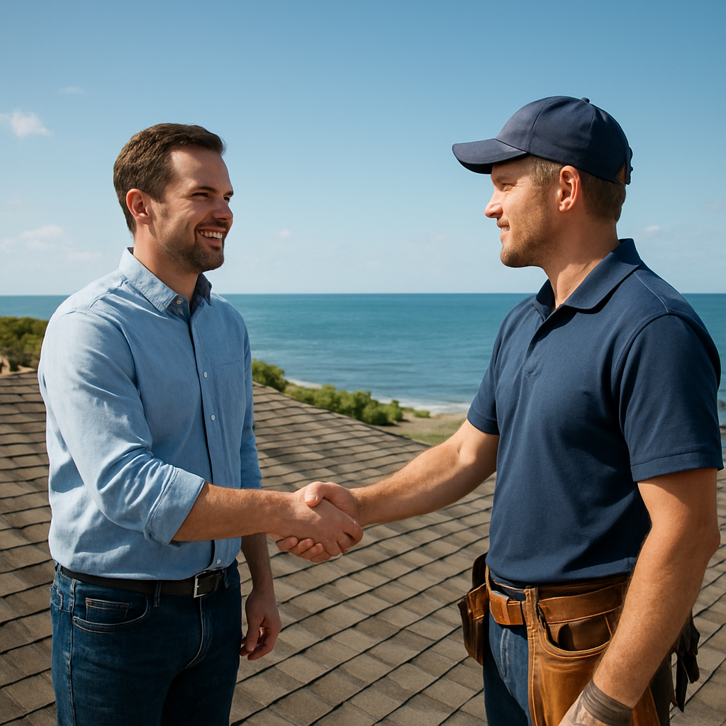 A homeowner shaking hands with a professional roofer on a sunny Hampton rooftop, with shingles and the ocean in the background. Alt: Hiring a professional roofer in Hampton VA for roof repair.